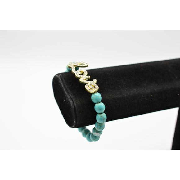 Stretchy Bracelet Faux Turquoise Beaded Rhinestone LOVE Cursive Valentine BinO - Picture 4 of 11